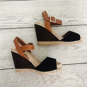 Tory Burch Black Canvas/Lthr/Wood Espadrille Wedge Ankle Strap